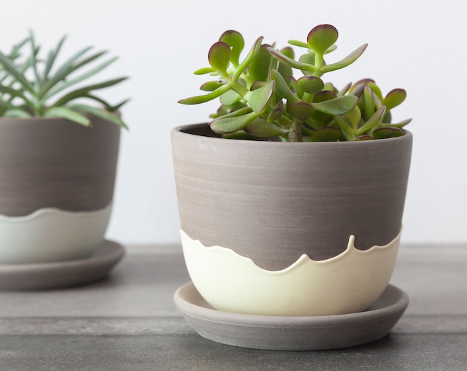 Stoneware Planter With Yellow Drips , Ceramic Plant Pot , Pottery