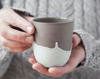 Small handleless mug with teal drips , Handmade coffee cup , Ceramic tea cup , Espresso