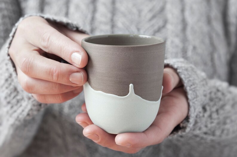 Small Handleless Mug With Teal Drips Handmade Coffee Cup Etsy