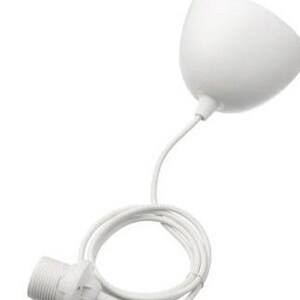 May include: White pendant light fixture with a round, white shade and a white cord.