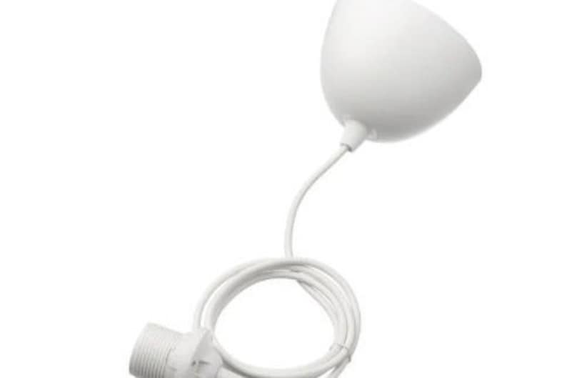 May include: White pendant light fixture with a round, white shade and a white cord.