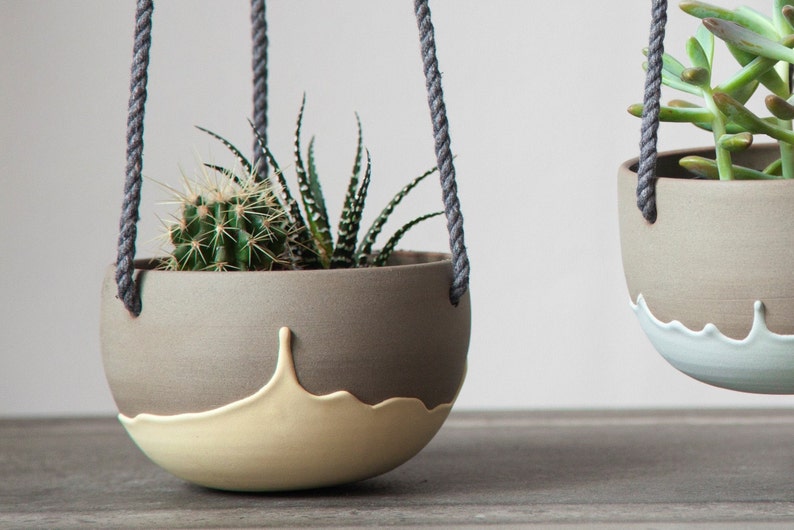 Small hanging planter with yellow drips , Small plant holder , Handmade hanging planter , Hanging plant pot image 1