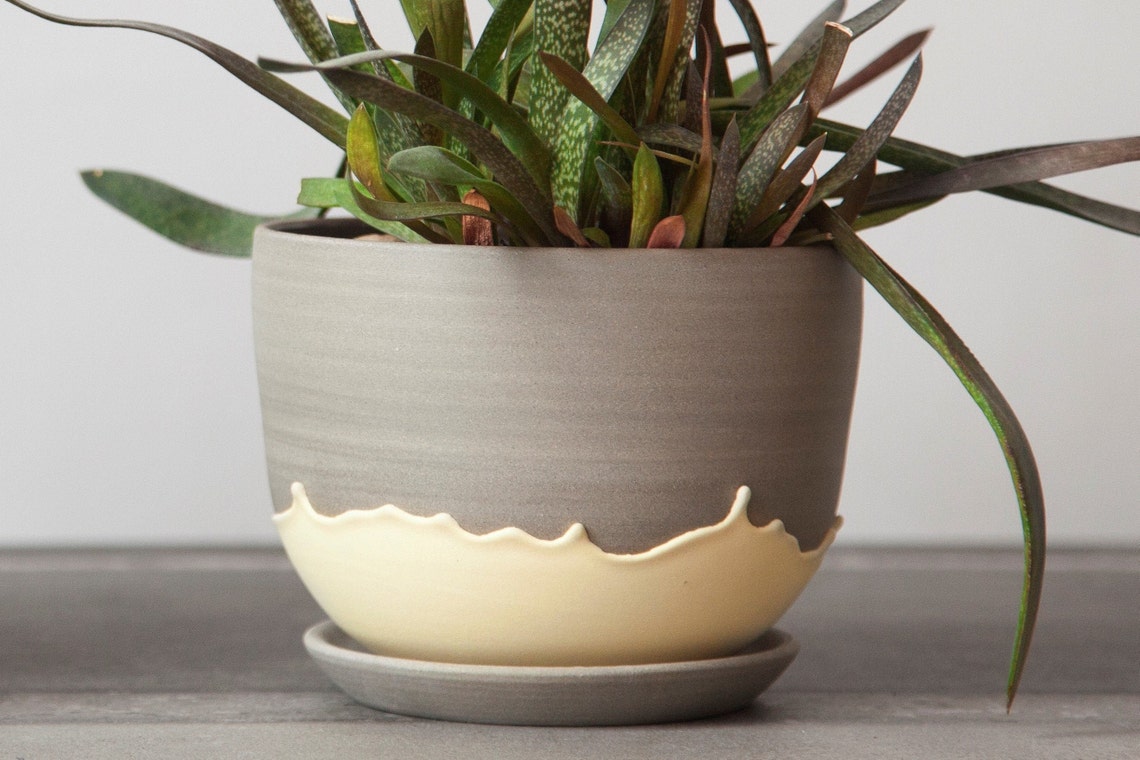 Stoneware Planter With Yellow Drips Ceramic Plant Pot Etsy
