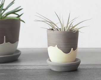 Cactus planter with yellow drips , Stoneware planter , Handmade cactus pot , Small plant pot , Succulent pot