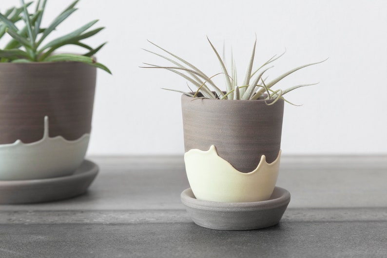 Cactus planter with yellow drips , Stoneware planter , Handmade cactus pot , Small plant pot , Succulent pot 