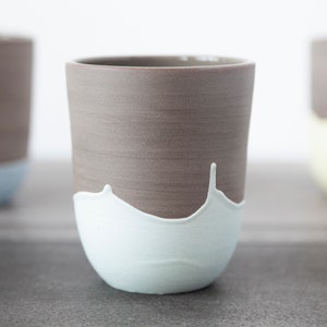 Large handleless mug with teal drips , Stoneware mug , Handmade coffee mug , Large coffee cup , Ceramic mug