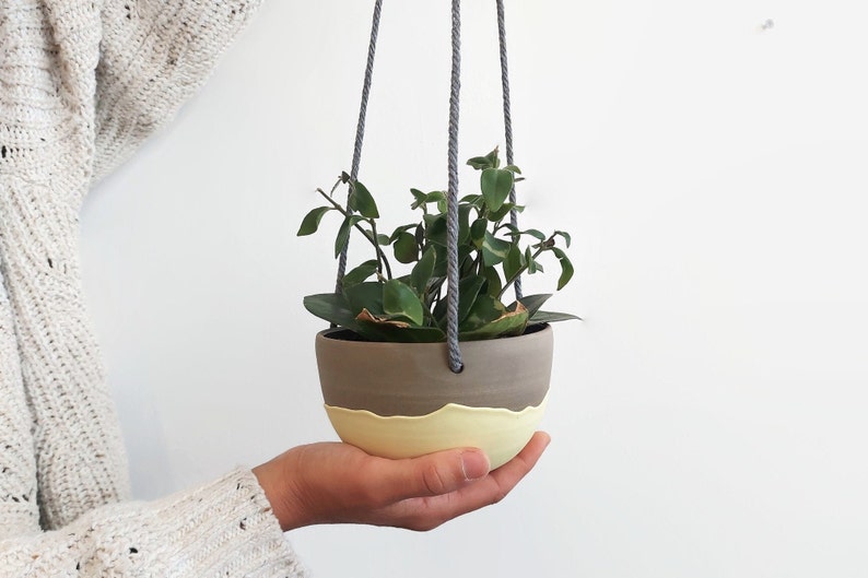 Small hanging planter with yellow drips , Small plant holder , Handmade hanging planter , Hanging plant pot image 4