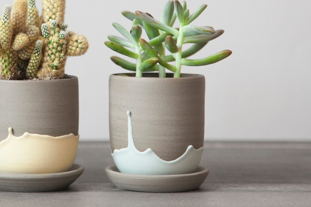 Cactus Planter With Teal Drips Handmade Plant Pot Ceramic Etsy