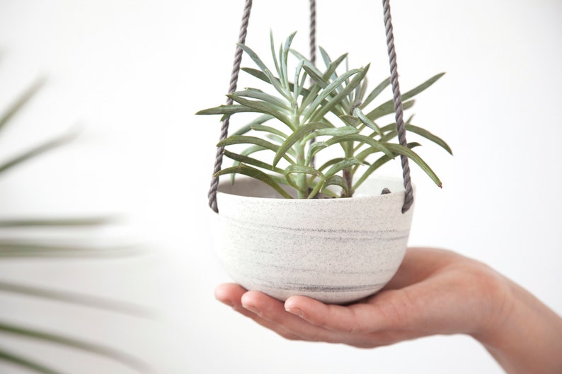 Small hanging planter speckled ceramic , Ceramic plant hanger , Hanging plant pot , Indoor planter image 1