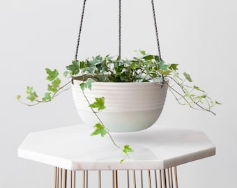 Large plant hanger white and teal , Ceramic hanging planter , Handmade plant holder , Pottery planter