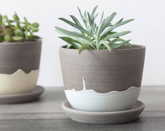 Stoneware planter with teal drips , Handmade plant holder , Pottery planter , Plant pot cover