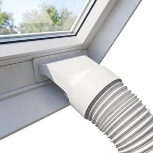 Puede incluir: Un adaptador de sellado de ventana de plástico blanco para manguera de aire acondicionado portátil, con una base rectangular con el texto "Insert here" y una abertura circular conectada a una manguera de escape blanca, flexible y acanalada.