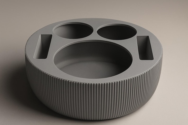 May include: A gray, circular organizer with a ribbed exterior. It features two small round openings, two rectangular slots, and a large central oval space. The design is modern and minimalist.