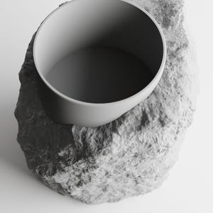May include: A gray ceramic planter shaped like a rock with a smooth, round, gray ceramic bowl on top.