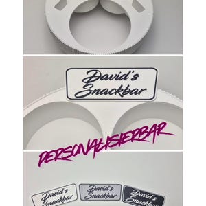 May include: White snack bar tray with multiple compartments and the text "David's Snackbar". The tray has a circular design with a ribbed edge. Additional labels with the same text are also shown.