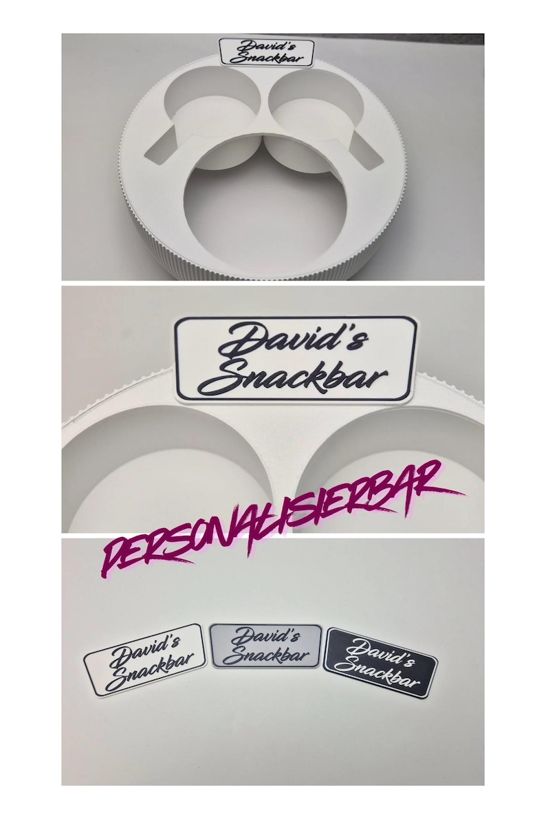 May include: White snack bar tray with multiple compartments and the text "David's Snackbar". The tray has a circular design with a ribbed edge. Additional labels with the same text are also shown.