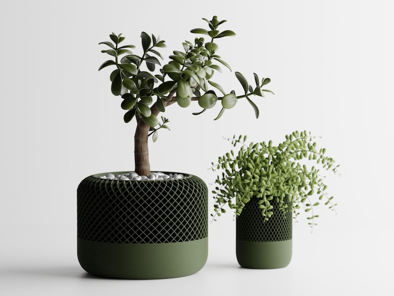 May include: Two potted plants in green ceramic pots. The plant on the left has green leaves and a brown stem. The plant on the right has light green leaves. Both plants are on a white surface.