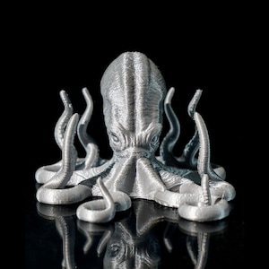 Könnte beinhalten: Eine silberne 3D-gedruckte Oktopus-Figur mit acht Tentakeln. Der Oktopus blickt nach vorne mit geschlossenen Augen. Die Figur steht auf einer schwarzen Oberfläche.