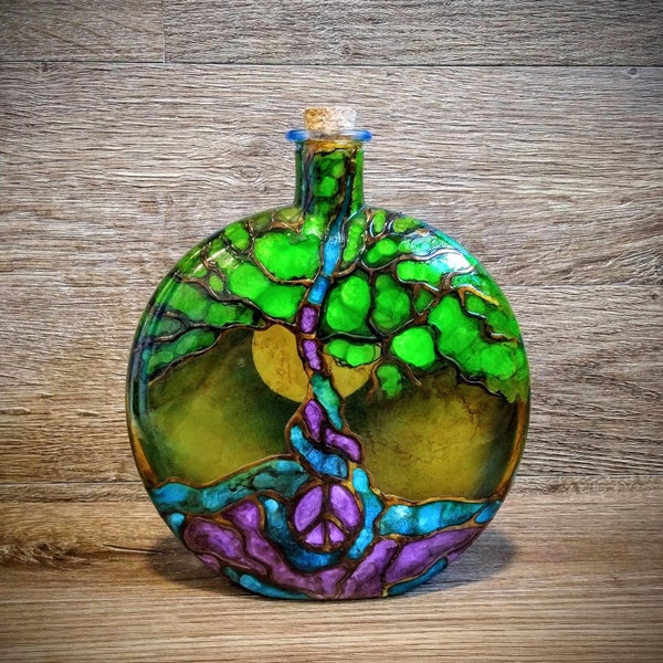 Tree of Life with Peace Sign Cremation Urn for Ashes Glow in the Dark Moon Hand Painted