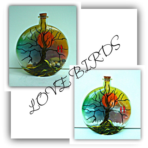 love bird painting | decorative glass bottle | glass urn | cremation urn | oil diffuser | memory bottle | love bird decor | love bird art