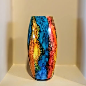 Hand Painted Glass Vase: Colorful Alcohol Ink Decor (10" Tall)