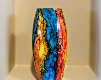 Hand Painted Glass Vase: Colorful Alcohol Ink Decor (10" Tall)