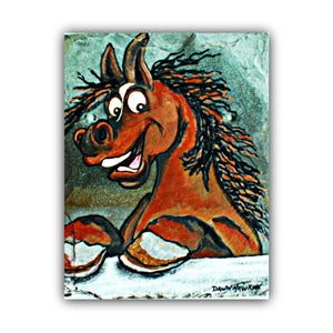 May include: A cartoon horse with a brown and black mane and tail, painted on a slate background. The horse has a wide, toothy grin and is looking to the right. The horse's hooves are visible in the foreground.