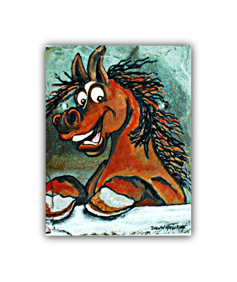 May include: A cartoon horse with a brown and black mane and tail, painted on a slate background. The horse has a wide, toothy grin and is looking to the right. The horse's hooves are visible in the foreground.