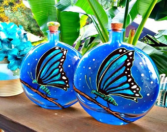 cremation urn, burial ash urn, human ash urn, unique glass urn, custom funeral urn, hand painted memorial glass art | butterfly glass urns