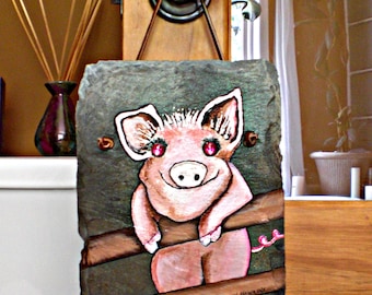 Hand-Painted Pig Slate Wall Decor | Farmhouse Animal Art