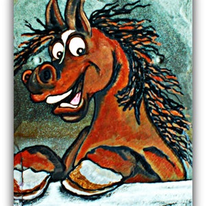 May include: A cartoon horse with a brown and black mane and a white stripe on its face. The horse is smiling with its mouth open and has its front hooves raised. The horse is painted on a slate background.