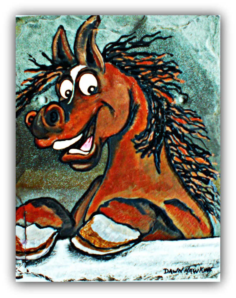 May include: A cartoon horse with a brown and black mane and a white stripe on its face. The horse is smiling with its mouth open and has its front hooves raised. The horse is painted on a slate background.