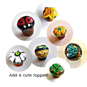 cork wine bottle stoppers, wine bottle stoppers, decorative cork bottle stoppers, custom hand painted corks, hand sculpted decorative corks