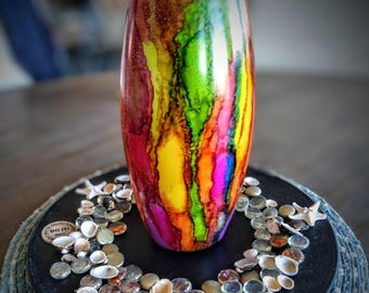 Handbemalte Glasvase: Bunter Alkohol Tinte Dekor (25cm hoch)