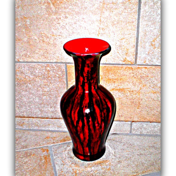 red glass vase | hand painted glass vase | decorative glass vase | vase centerpiece | upcycled painted vase | long neck vase | vintage vase