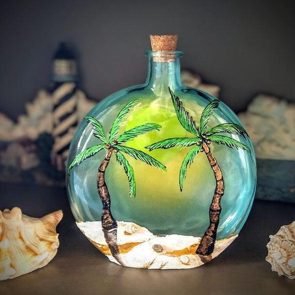 coastal cremation ash urn , tropical hand painted memorial urn for ashes , custom human ashes urn , palm tree themed cremation urn for ashes