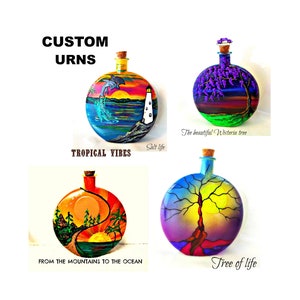May include: Four hand-painted glass bottles with cork stoppers. Each bottle features a different nature-inspired design: a seascape with dolphins, a wisteria tree, a sunset with mountains and palm trees, and a tree of life. The bottles are labeled with the text "Salt life", "The beautiful Wisteria tree", "From the mountains to the ocean", and "Tree of life".