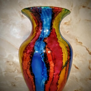 hand painted Glass Vases | colorful up cycled glass vases | decorative glass vases | vibrant glass vases | custom painted glass round vases