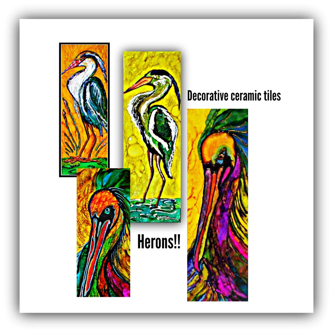 Blue Heron Paintings Decorative Tile Decor Paintings of Herons Blue