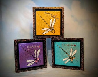 Hand Painted Dragonfly wood shadow box : Wooden framed dragonflies on tile in Shadow Boxes , Dragonfly Home Decor