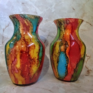 Hand Painted Glass Vase: Colorful Alcohol Ink Decor, Custom 8" Vase