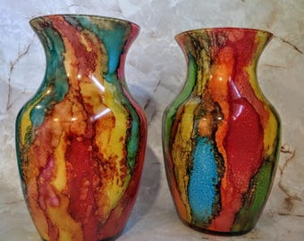 Hand Painted Glass Vase: Colorful Alcohol Ink Decor, Custom 8" Vase