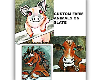 Custom Farm Animal Painting on Slate: Pig, Cow, Horse Decor
