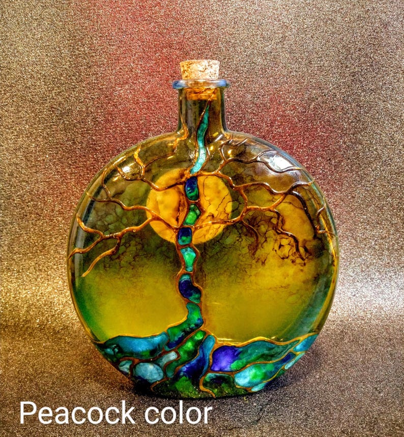 tree of life urn
colors -- peacock color blend
cork top