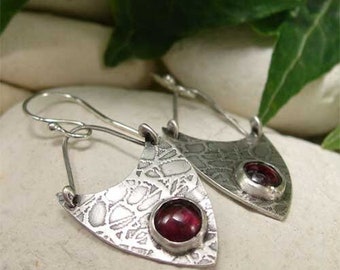 Silver Boho Earrings, Sterling Silver Gemstone Earrings, Red Garnet Dangle Earrings, Hand Forged Artisan Jewelry, Rustic Oxidized Earrings
