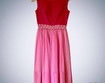 VIntage 50&#39;s / 60&#39;s Hand Made Two Tone Pink Velvet and Chiffon Dress with Beading and Lace