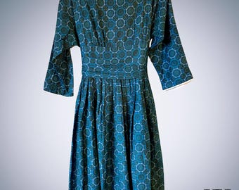 Vintage 50&#39;s Handmade Blue Geometric Pattern Hand Made Dress With Built in Buckle Fit and Flare