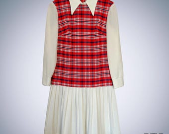 Vintage 1960&#39;s Blue, Red, and White Plaid Dress with Collar