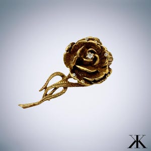 Goldette Antiqued Gold Tone Metal Rose Flower Rhinestone Pin Brooch