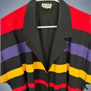 Vintage Silk Neiman Marcus Black Rainbow Button Down Dress with Belt
